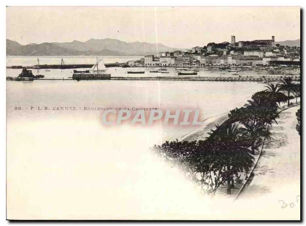 Cannes - Boulevard de la Croisette — vista do porto e das montanhas — P.L.M. n° 39 - Frente