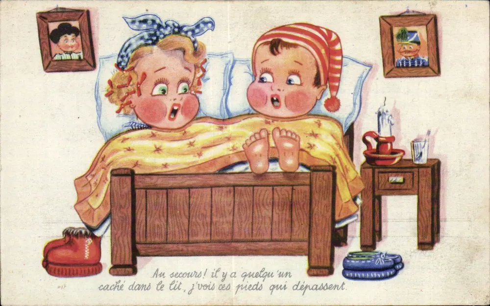 Zwei Kinder im Bett — humoristische Illustration — unbekannter Verlag - Vorderseite