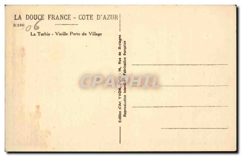 La Turbie - Alte Dorftür — Das süße Frankreich - Côte d'Azur — Kunstausgabe YVON, Paris - Rückseite