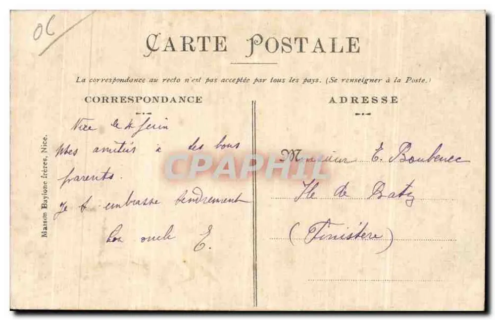Nice - Vista da Baía dos Anjos, a Praia — editor Matas Baylone Frères, n°257 - Verso