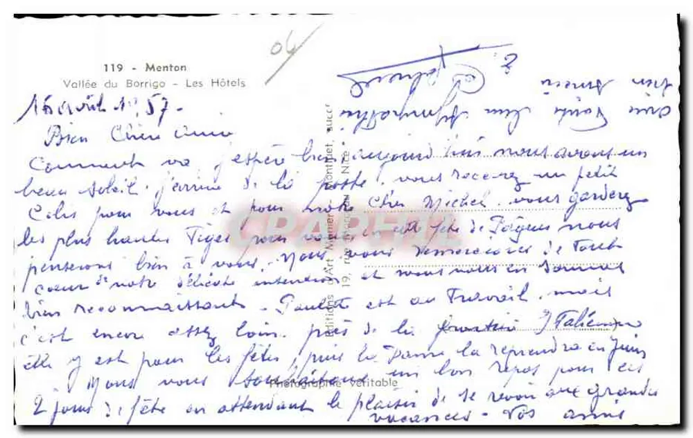 Menton — Vale do Borrigo — Hotéis — editor Munier - Verso