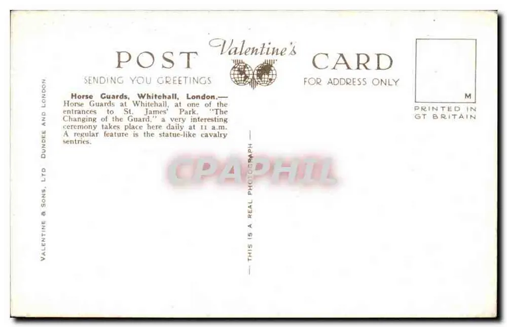 Pferdewache, Whitehall, London — Wachwechsel — Valentine & Sons, Ltd, Dundee, n° H.2561 - Rückseite