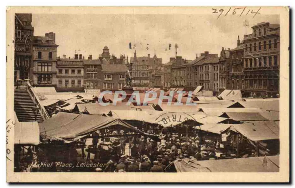 Market Place, Leicester — vista do mercado com tendas e estátua — Tuck's Post Card N°1 - Frente