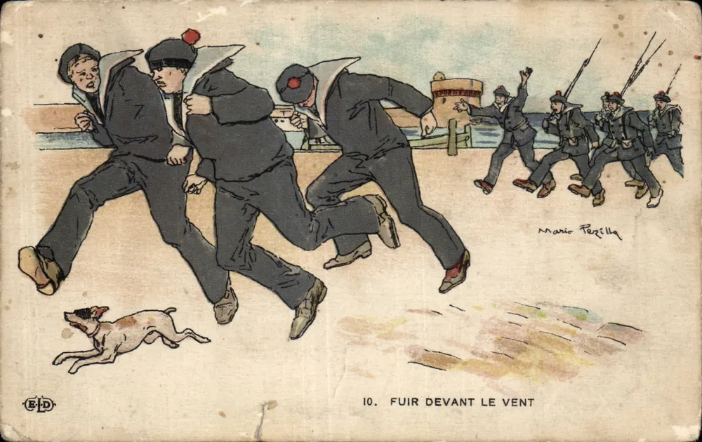 Serie von Soldaten, die dem Wind entfliehen — Strand-Szene mit Hund — Éditeur E.D. n°10 - Vorderseite