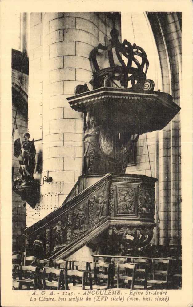 Angoulême - Igreja de São André - A cadeira de madeira esculpida do século XVI (monumento histórico classificado) - Frente