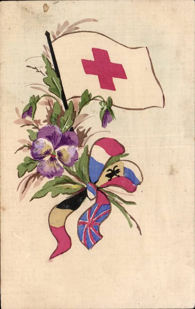 Flagge des Roten Kreuzes — Blumen und nationale Bänder — italienische Ansichtskarte - Vorderseite