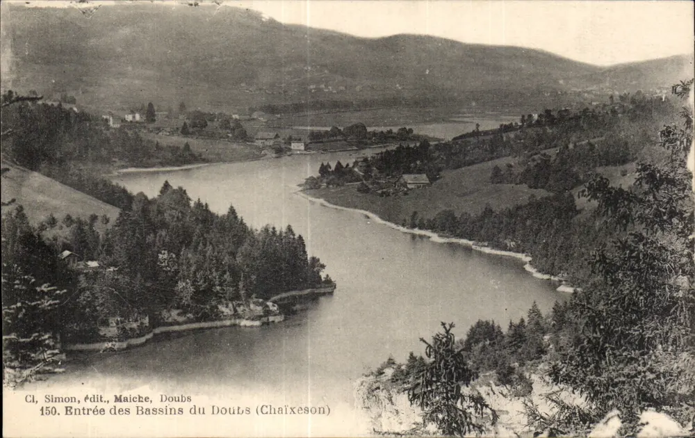 Ingang bij de Bassins du Doubs (Chaixeson) — panoramische weergave — Cl. Simon, uitgever, Maiche, Doubs, nr. 150 - Voorkant