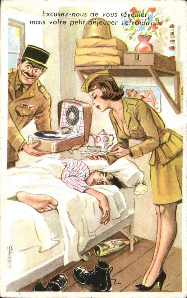 Soldaten in Uniform — Szene des Aufwachens in einem Zimmer — Verlag Photocchrom, Nr. 759 - Vorderseite