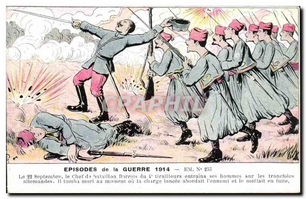 Antike Ansichtskarte Episoden des Krieges 1914 — Kompaniechef Burrois des 4. Schützenregiments, trainiert seine Männer an den deutschen Schützengräben — EM. Nr. 235 - Vorderseite