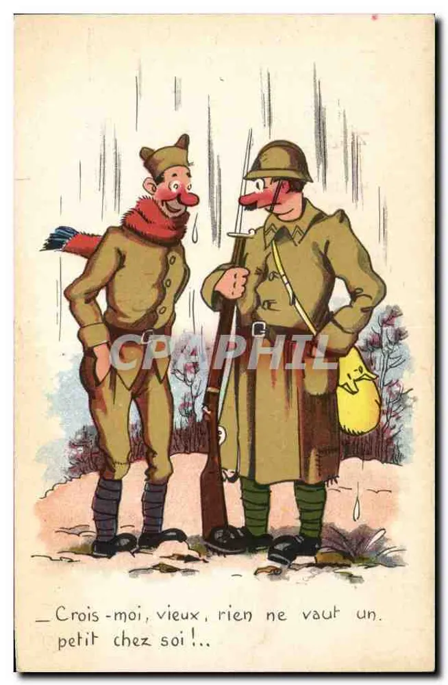 Zwei Soldaten in der Regen — humoristische Karikatur — in Frankreich gedruckt - Vorderseite