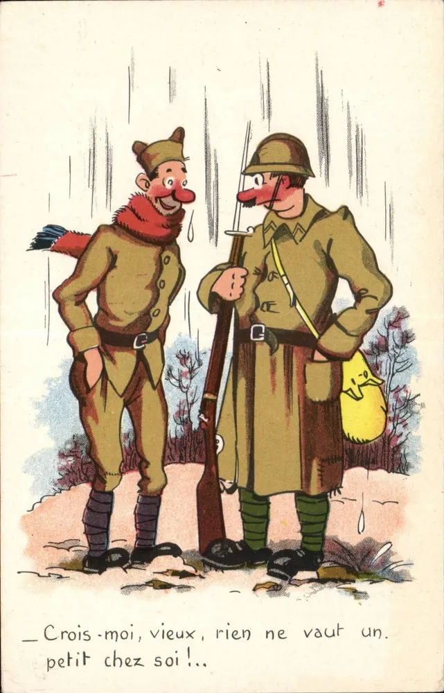 Zwei Soldaten im Uniform — humorvoller Moment in der Regen — Gedruckt von , n° 100/18 - Vorderseite