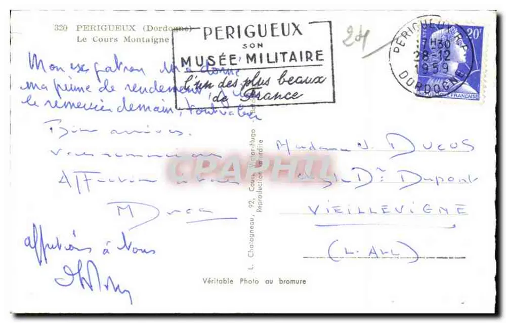 Praça do Cours Montaigne — Périgueux — Editor Ché, n° 320 - Verso
