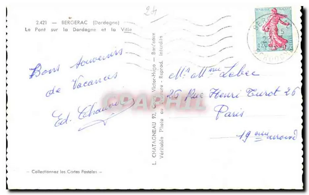 Die Brücke über die Dordogne und die Stadt — Bergerac (Dordogne) — Verlag Elcée, Nr. 2.421 - Rückseite