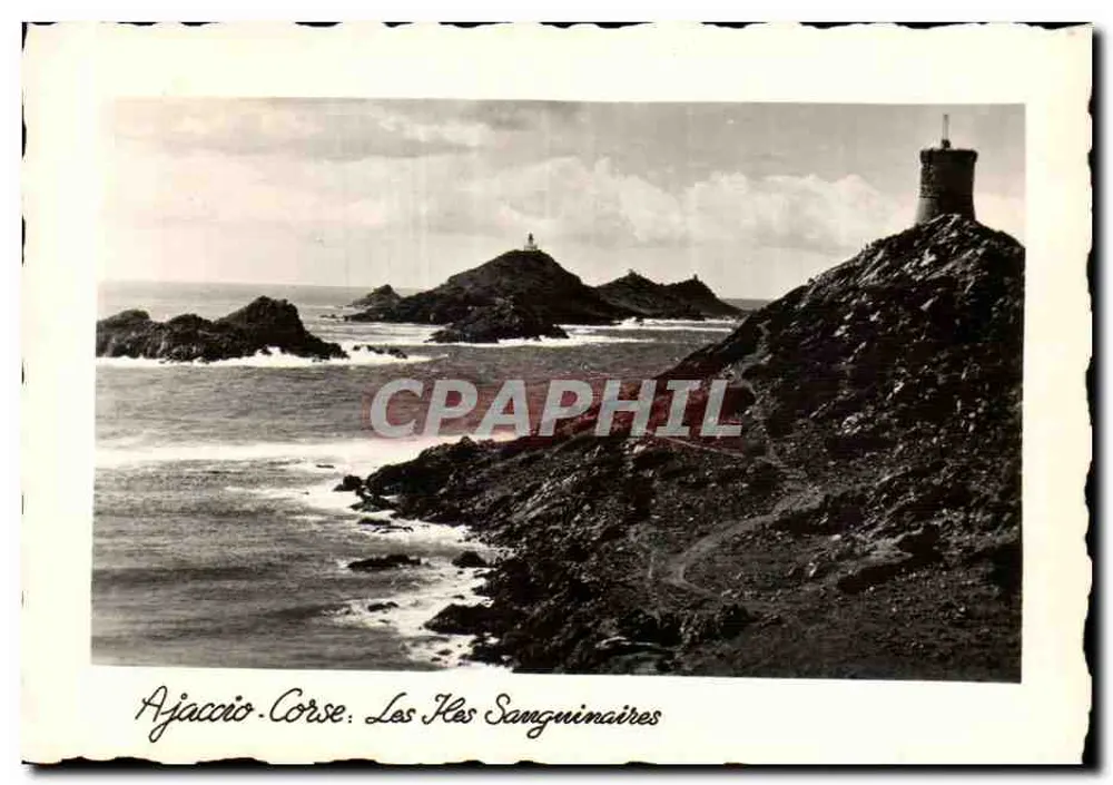 Ajaccio-Corse. As Ilhas Sanguinárias — vista costeira com farol e rochedos - Frente