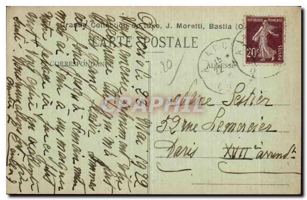 Ajaccio (Korsika) durch die Olivenbäume von Casone — J. Moretti, n° 1427 - Rückseite