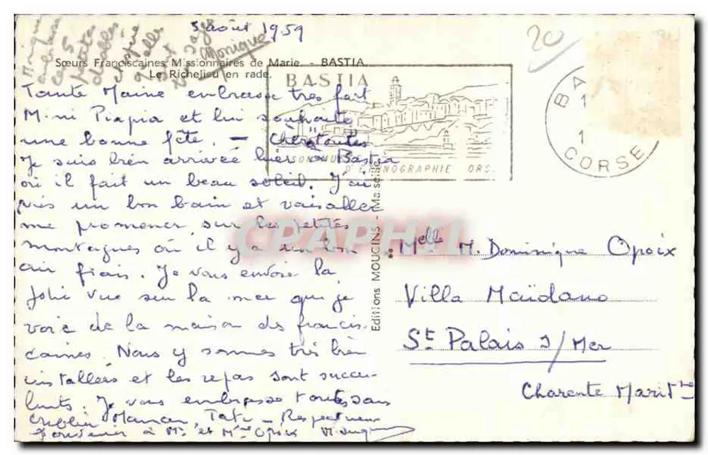 Ansicht von Bastia — Kriegsschiff auf See — Verlag Mougins, Nr. 20 - Rückseite