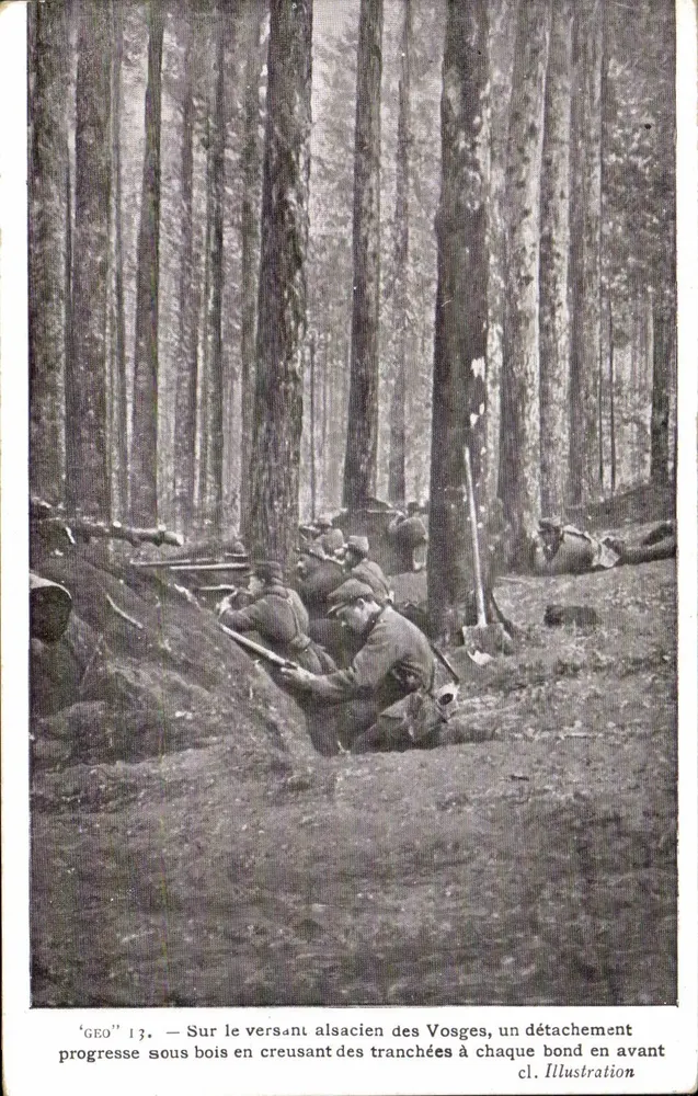 Soldaten, die in den Wäldern der Vogesen Gräben ausheben — Illustration — GEO 13 - Vorderseite