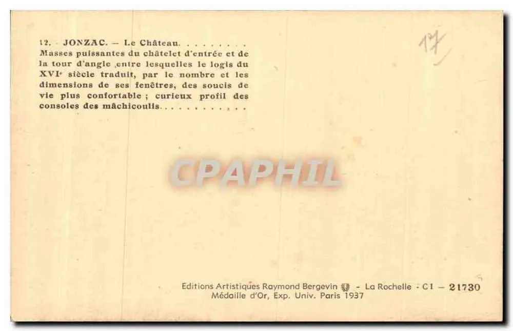 Jonzac — O Castelo — Edições Artísticas Raymond Bergevin - Verso