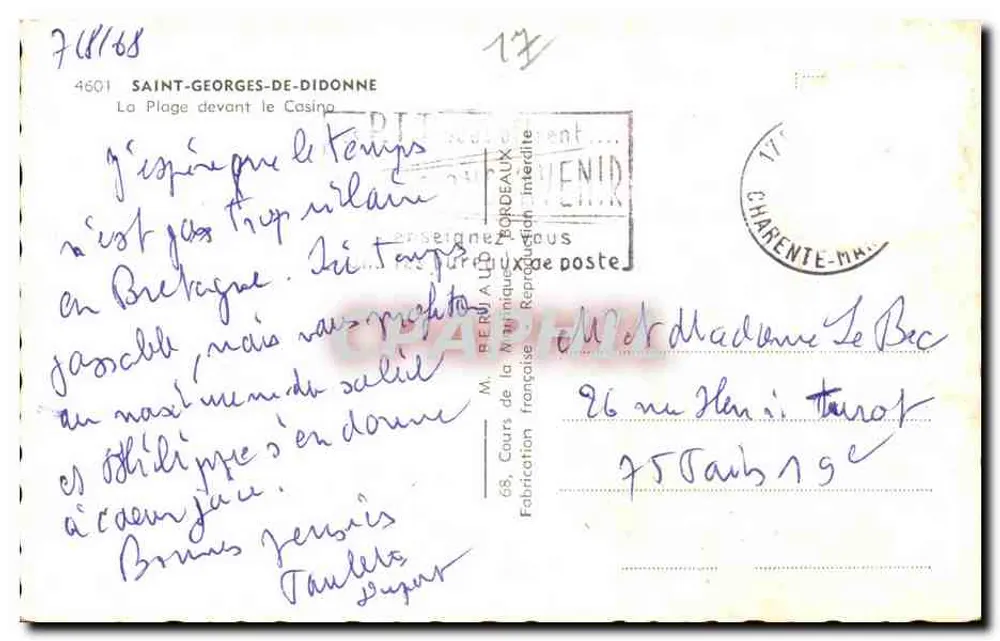 Saint-Georges-de-Didonne — A Praia diante do Casino — editor M. Renaud - Verso