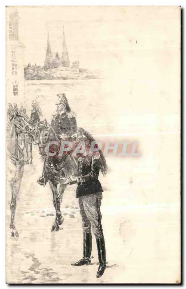 सैन्य दृश्य - घोड़े पर सैनिक और पैदल सैनिक शहर के सामने - निर्माता अज्ञात - आगे