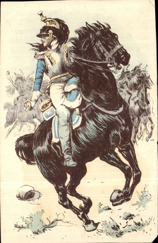Soldado a cavalo — cena de batalha — editor M. M. Vienne - Frente