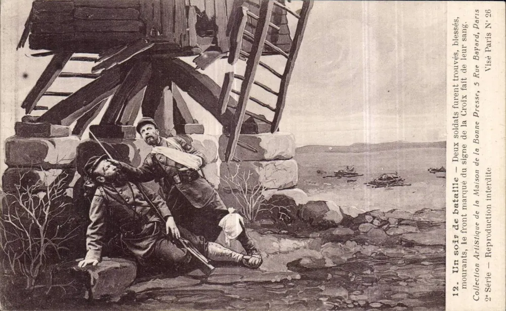 Ein Abend im Kampf — Zwei verwundete Soldaten, tot gefunden — Visé Paris N° 26 — Künstlerische Sammlung der Bonne Presse, 2. Serie - Vorderseite
