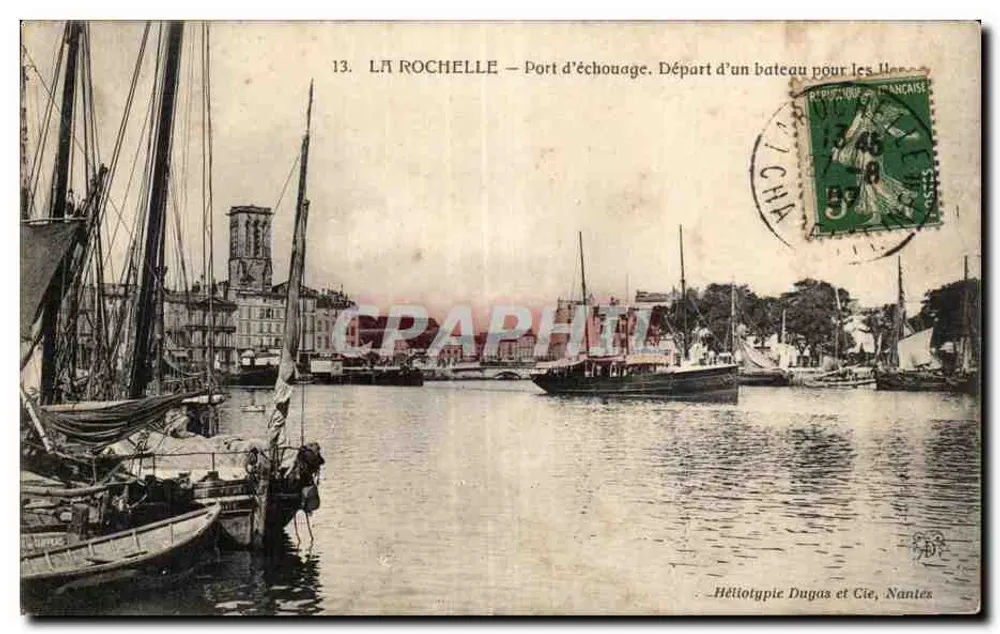 LA ROCHELLE — Hafen. Abfahrt eines Bootes zu den französischen Inseln — Héliotypie Dugas et Cie, Nantes - Vorderseite