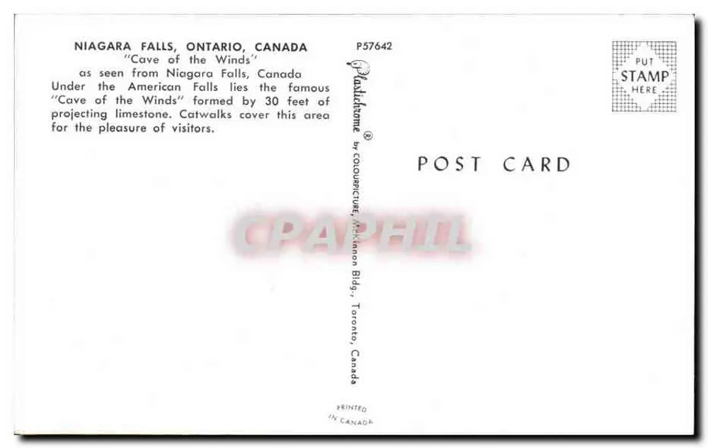 Cascate del Niagara — 'Cave of the Winds' — Pubblicato da CouleurCure, McKinnon Bldg, Toronto, Canada - Verso