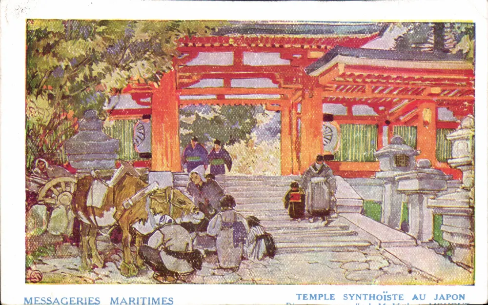 Synthoïstischer Tempel in Japan — Szene vor einem roten Torii — Verlag MESSAGERIES MARITIMES - Vorderseite