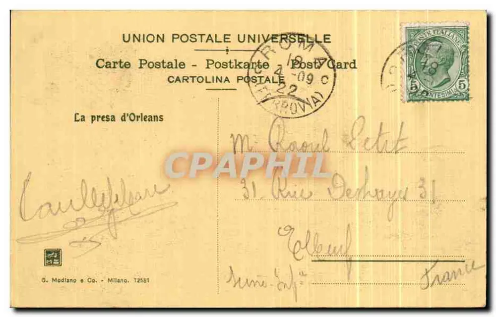 Jeanne d'Arc — 1412-1431-1909 — S. Modiano e Co. Milano - Rückseite