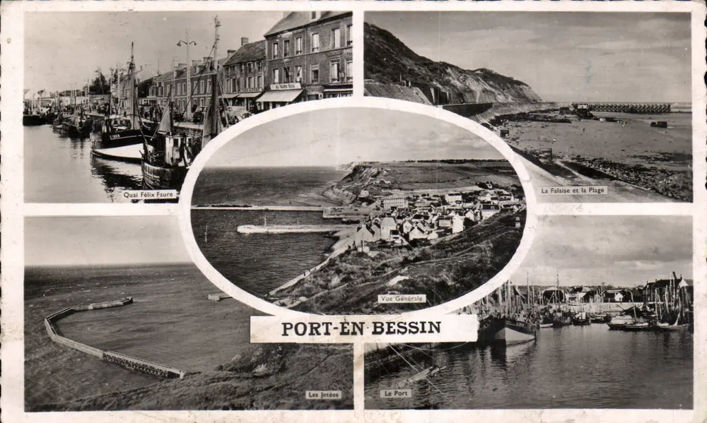 Port-en-Bessin — Vista Geral, Calçadão Félix Faure, A Falésia e a Praia, As Jérides, O Porto — Editores ARTAUD irmãos e filhos, Nantes - Frente
