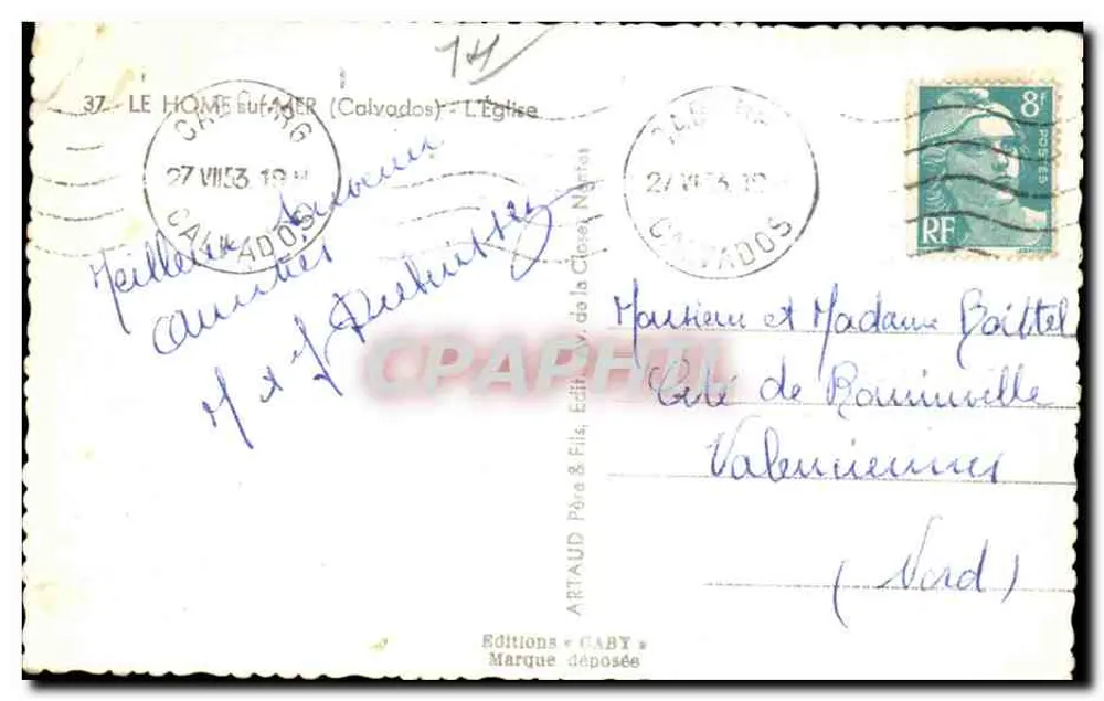 Kościół w Le Hommeuf (Calvados) — widok fasady z wieżą — wydawca Gaby, n° 74 - Rewers