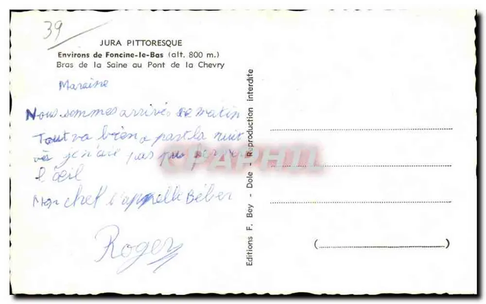 Pittoreskes Jura — Umgebung von Foncine-le-Bas (Höhe 800 m.) — Arm der Saine am Pont de la Chevry — Editions F. Bey - Dole - Rückseite