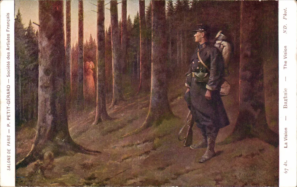 Soldado na floresta — mulher com vestido vermelho no fundo — P. PETTIT-GÉRARD, Paris - Frente