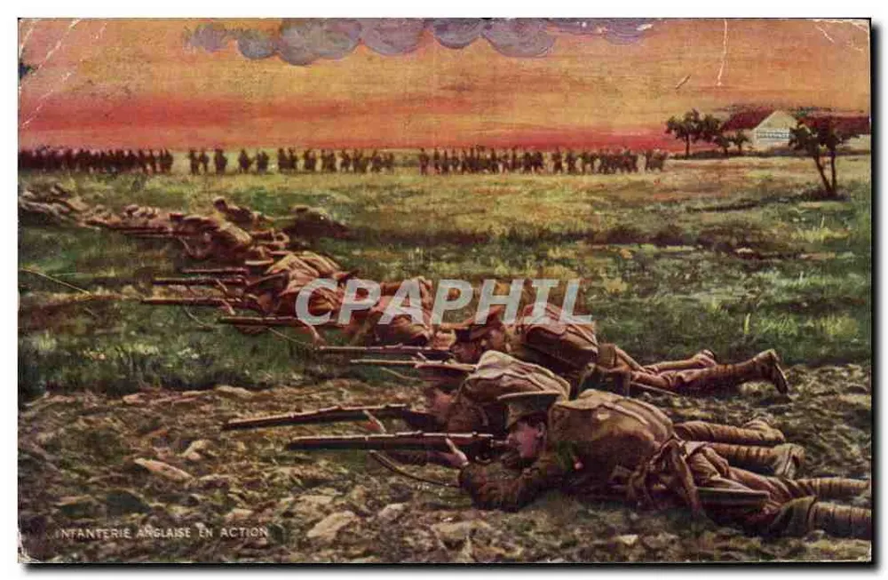 Infanterie anglaise en action — scène de bataille avec soldats en position de tir — éditeur 'Dubonnet' (verso) et n° de série '1014-1915' visible - Vorderseite