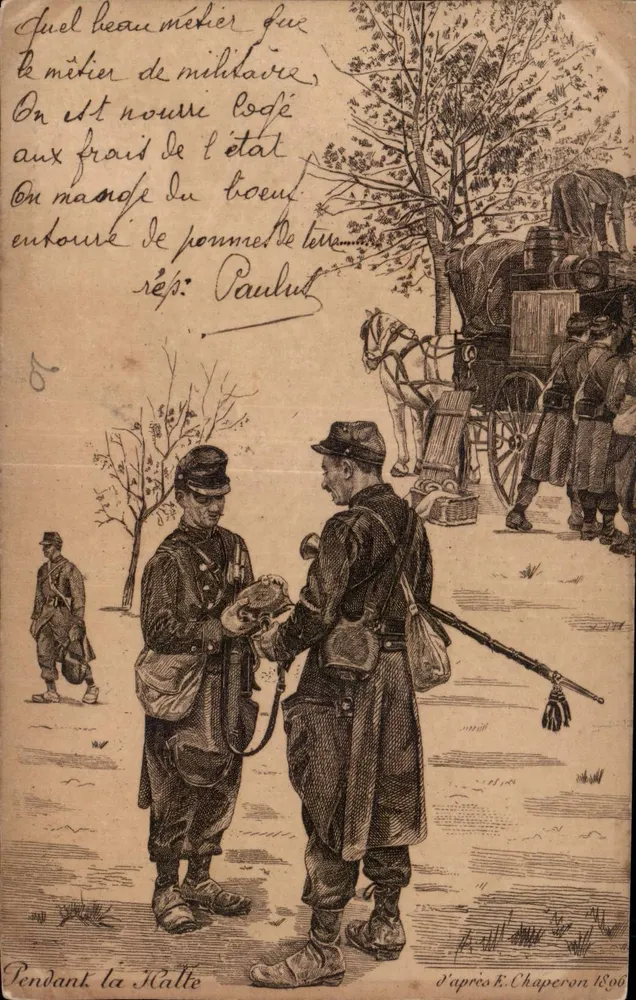 Żołnierze w polu walki — Podczas przerwy — zgodnie z E. Chaperon 1896 - Awers