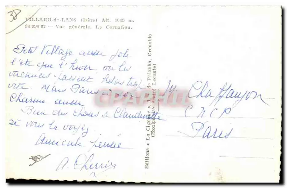 Villard-de-Lans — Vista geral. O Cornafion — Edições La Cigogne (André Leconte) n°38 - Verso
