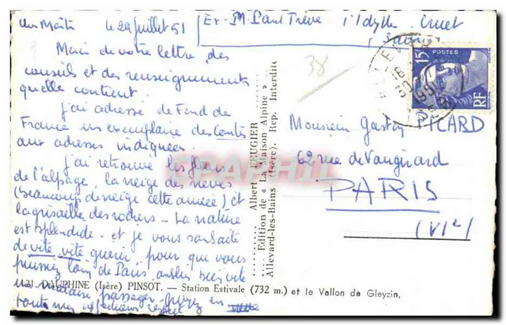 Dalphine (Isère) — Sommerstation (732 m) und der Vallon de Gleyzin — Edition Albert Feugier, Allevard-les-Bains - Rückseite