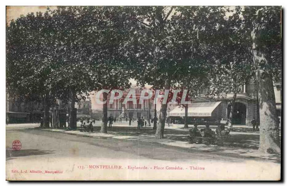 Montpellier - Béplanade - Plaza de la Comedia - Teatro — Ed. L.J. Albaïlle, Montpellier, n°113 - Anverso