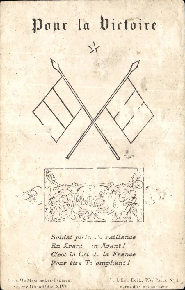 Deux drapeaux croisés — Slogan patriotique — Imp. De Mesmaeker-Froment, N° XIV - Frente