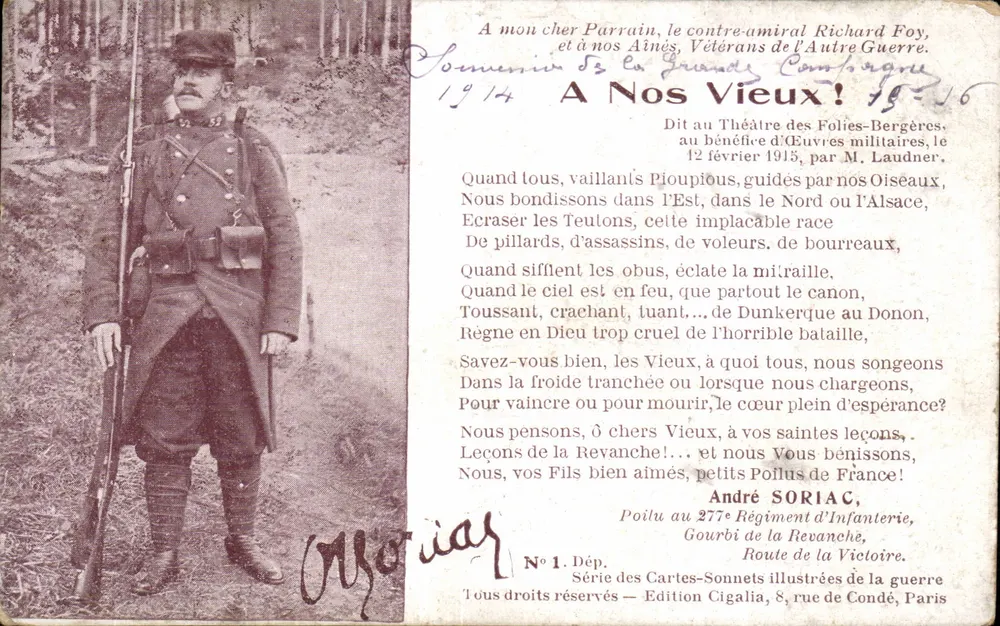 Soldat in Uniform — Erinnerung an den Ersten Weltkrieg — Illustrierte Kriegskarten-Serie, Nr. 1, Edition Cigalia, Paris - Vorderseite
