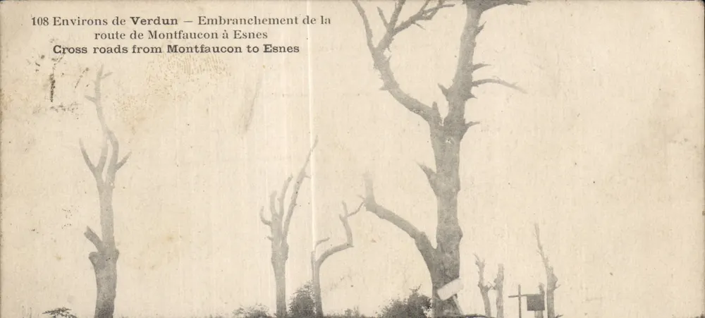 Um Verdun — Kreuzung der Straße von Montfaucon nach Esnes — Antike Ansichtskarte n°108 - Vorderseite