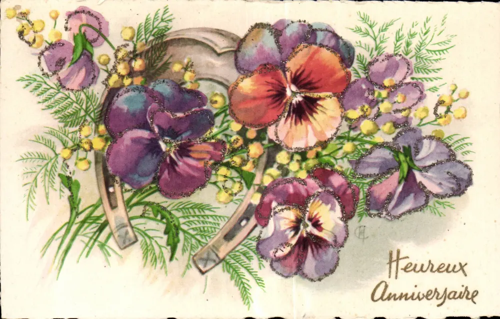 Blumen und Stiefel — Geburtstag — Imprimerie M. D. Paris, Serie 4150 - Vorderseite