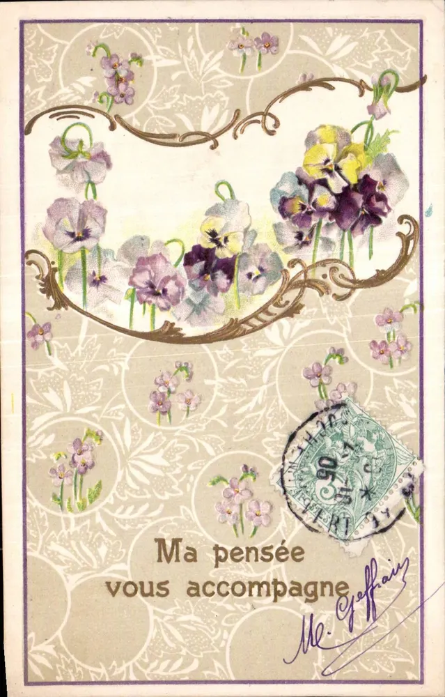 Pansies — Carta postal ornada com flores — K. F. Editores, Paris, Série 1257 - Frente