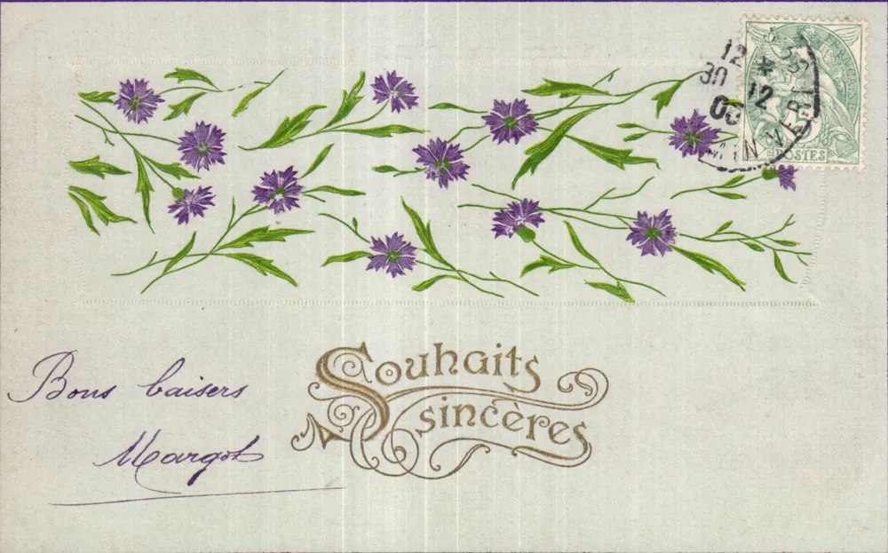 Flores violetas — Boas saudades — Raphael Tuck & Co, Paris, Série 618 - Frente