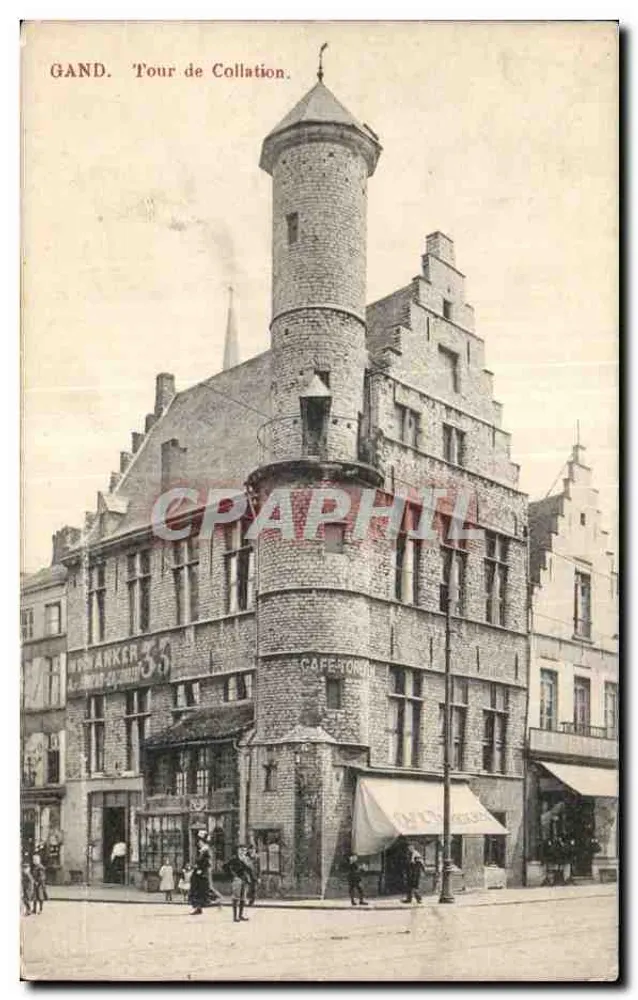 Gand. Turm der Collation — Ansicht des Turms und des angrenzenden Gebäudes mit Schild 'Café Tonnin' — Verleger M. Marcovici, Brüssel - Vorderseite