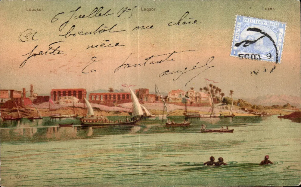 Luxor — Vista do Nilo com barcos e nadadores — F. M. Cologne 1418 - Frente
