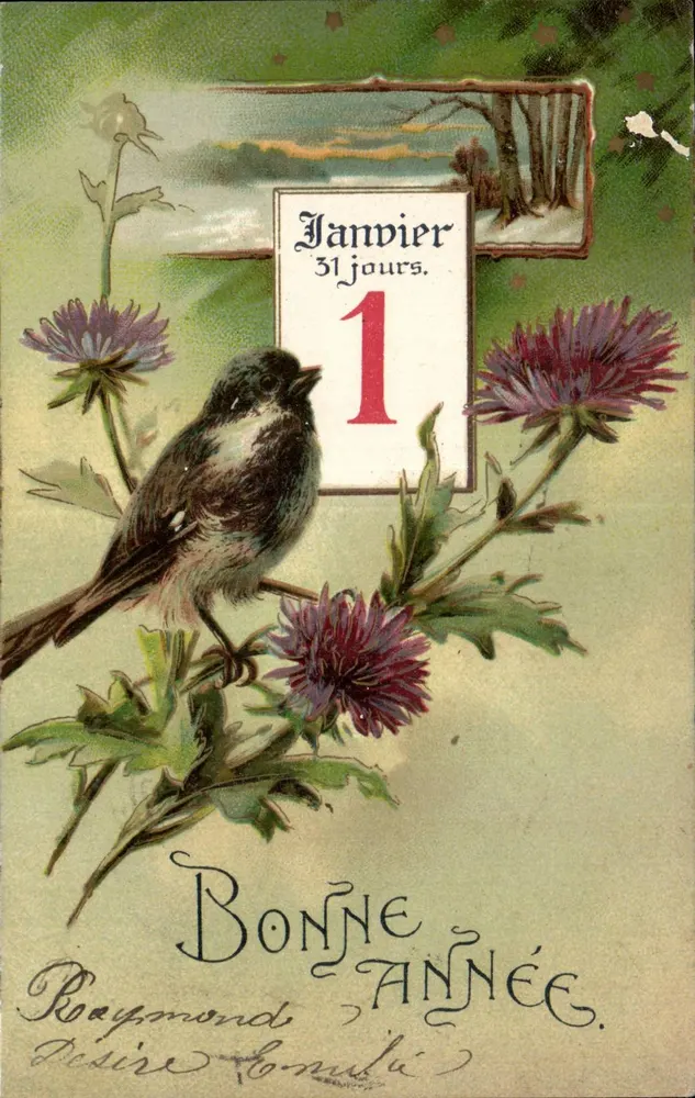 Januar 31 Tage — 1. Tag — Frohes Neues Jahr — Désiré Comulé an Raymond - Vorderseite