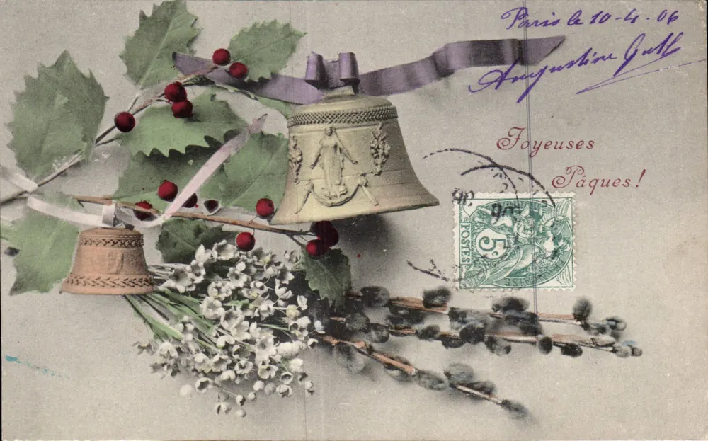 Bouquet de houx, cloches e saules — Páscoa — editor A. & V. n° 414 - Frente