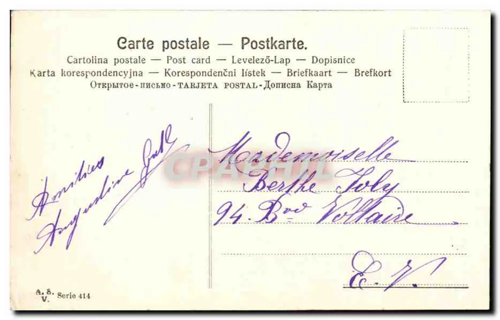 Bouquet de houx, cloches e saules — Páscoa — editor A. & V. n° 414 - Verso
